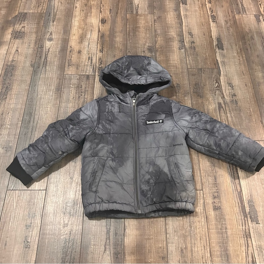 Timberland Storm Printed Puffer Coat Boys 4 Gray Hooded Full‎ Zip Warm Lined